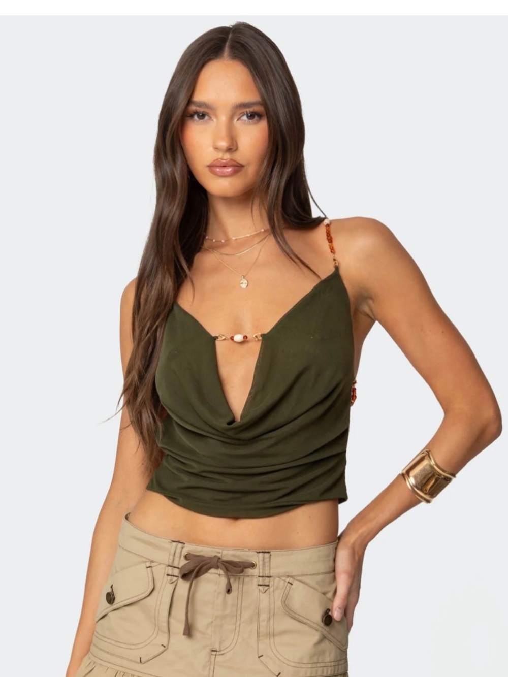 Edikted Olive Green Draped Crop Top with Beaded Straps